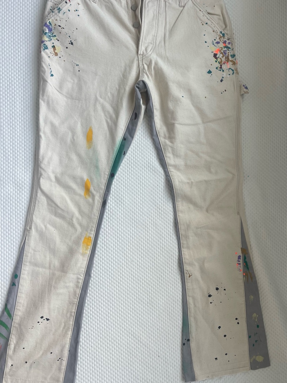 MNML Mens Cream Paint Splatter Carpenter Flare Pants Size 32 Canvas Workwear